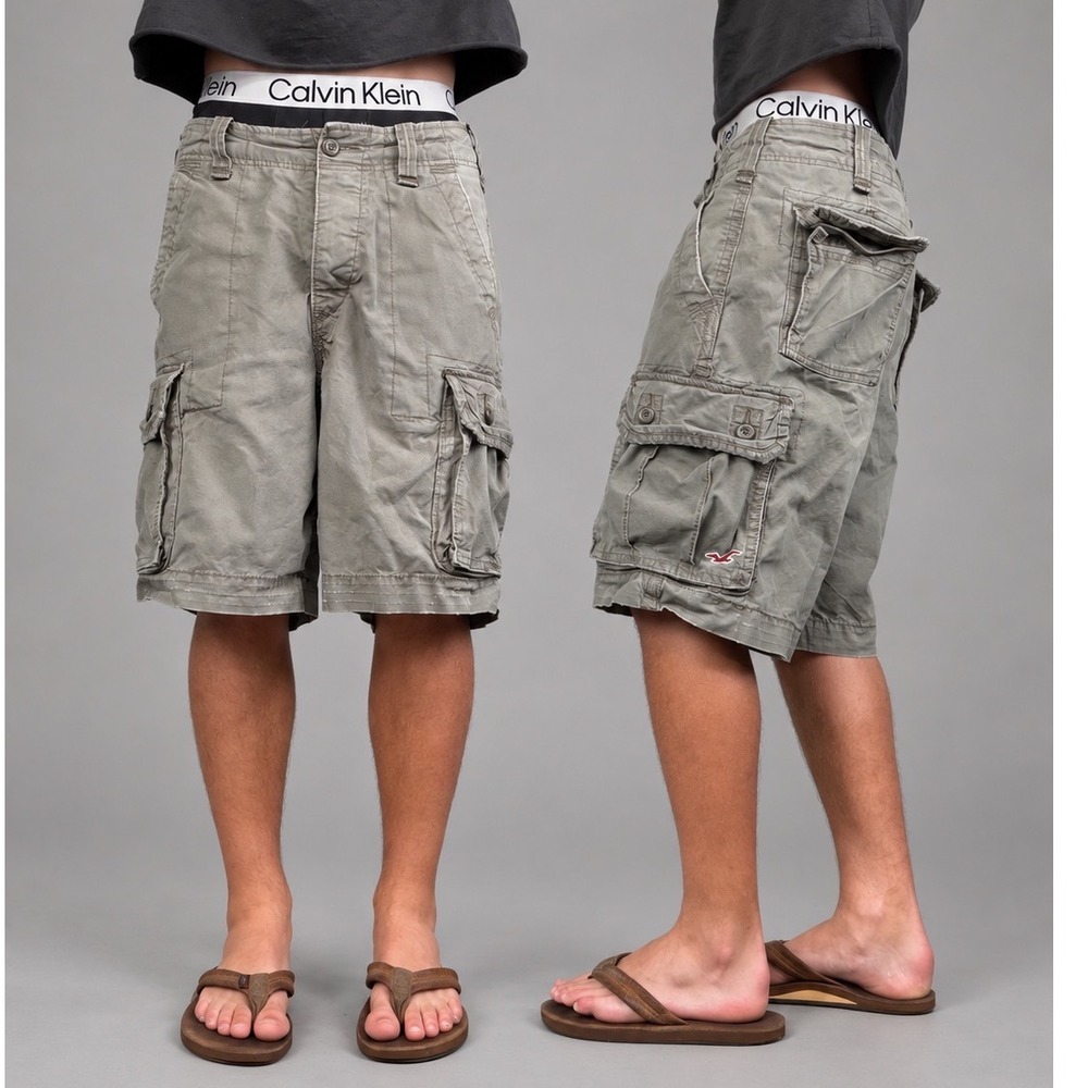 Vintage Hollister Y2K Light Brown Cargo Shorts Mens 30 Button Fly Distressed